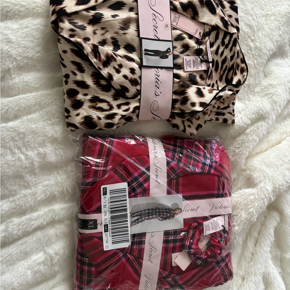 2 Victoria's Secret Leopard and Red Plaid Pajama Set NWT